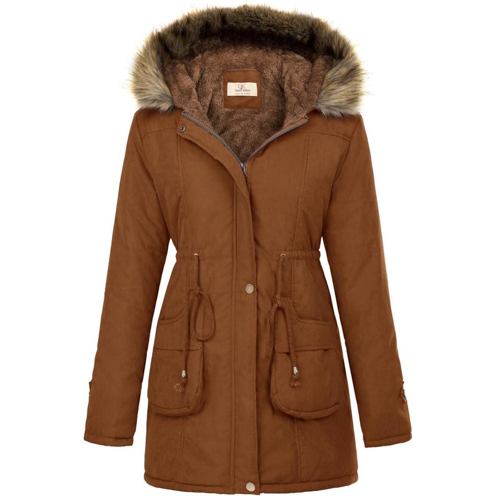 imageGRACE KARIN Womens Winter Coats Fleece Parkas Anoraks Hooded Military Jacket CoatsReddish Brown