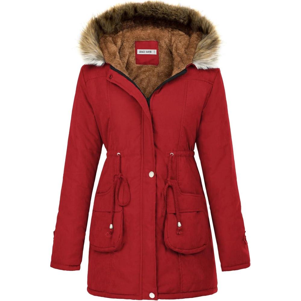 imageGRACE KARIN Womens Winter Coats Fleece Parkas Anoraks Hooded Military Jacket CoatsStrong Red