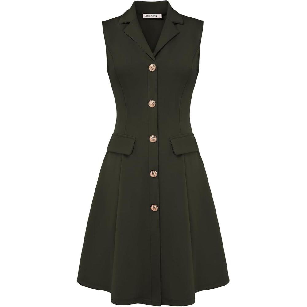 imageGRACE KARIN Work Dresses for Women 2026 Sleeveless Button Business Midi Dress Notch Lapel V Neck Formal Office A Line DressesArmy Green