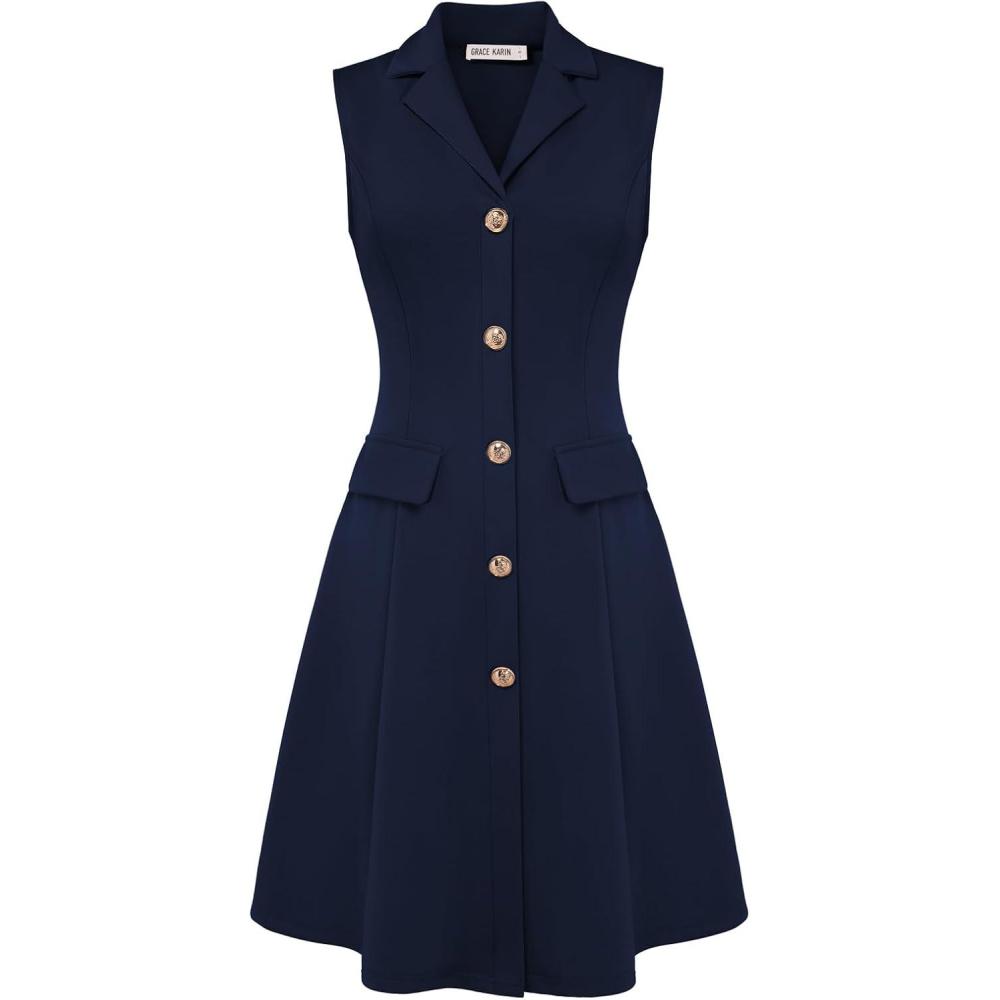 imageGRACE KARIN Work Dresses for Women 2026 Sleeveless Button Business Midi Dress Notch Lapel V Neck Formal Office A Line DressesNavy Blue