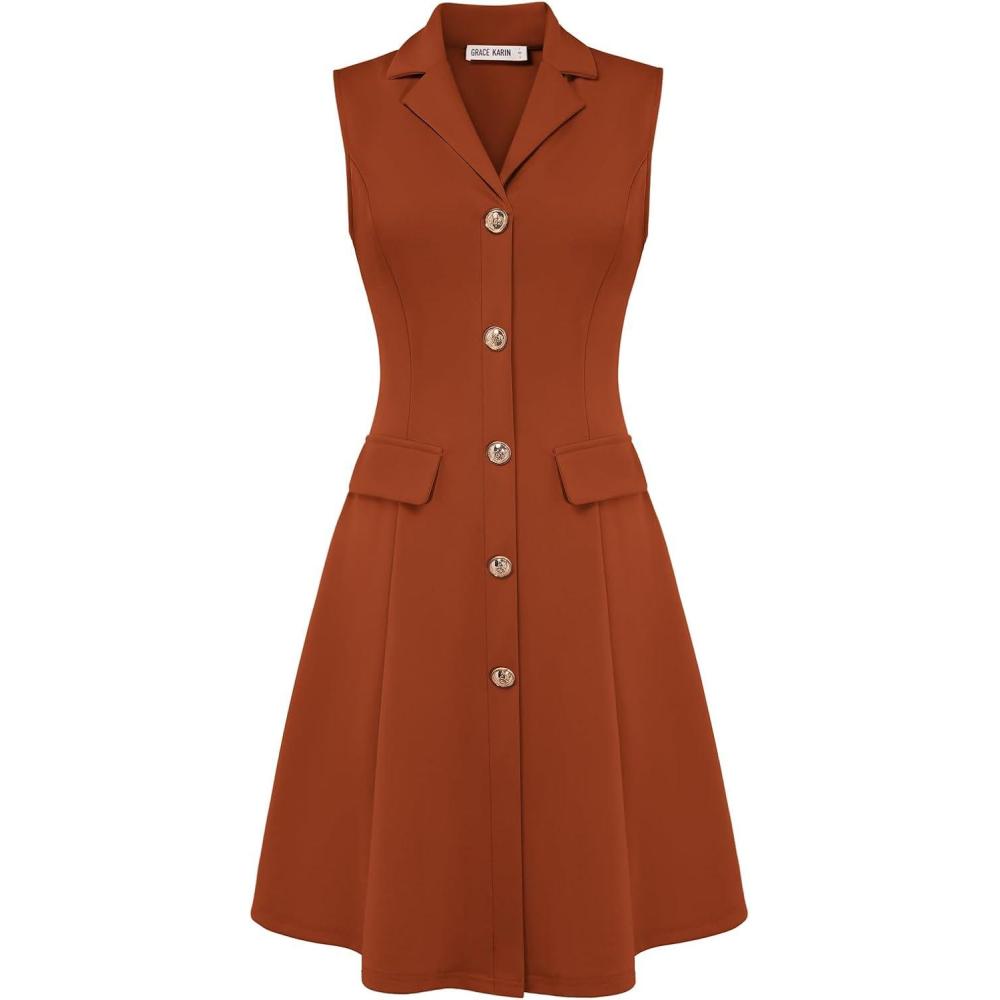 imageGRACE KARIN Work Dresses for Women 2026 Sleeveless Button Business Midi Dress Notch Lapel V Neck Formal Office A Line DressesOrange