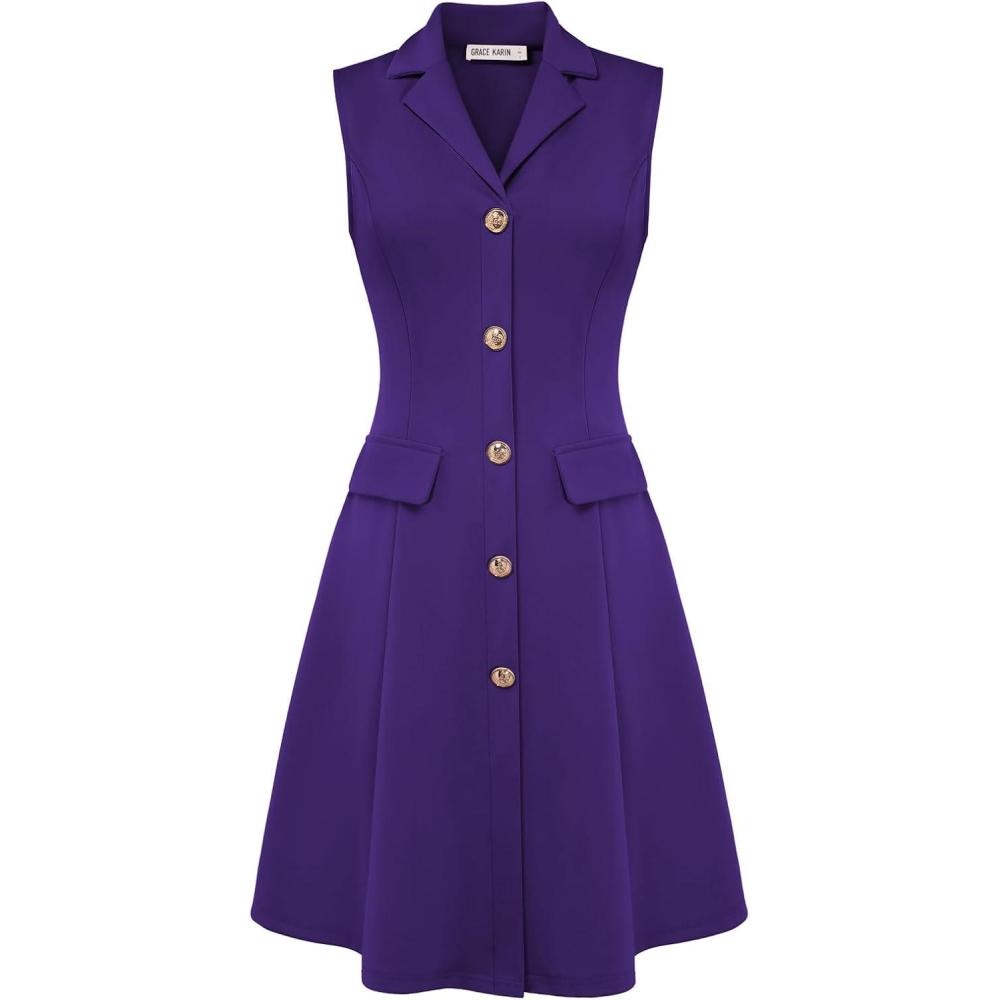imageGRACE KARIN Work Dresses for Women 2026 Sleeveless Button Business Midi Dress Notch Lapel V Neck Formal Office A Line DressesPurple