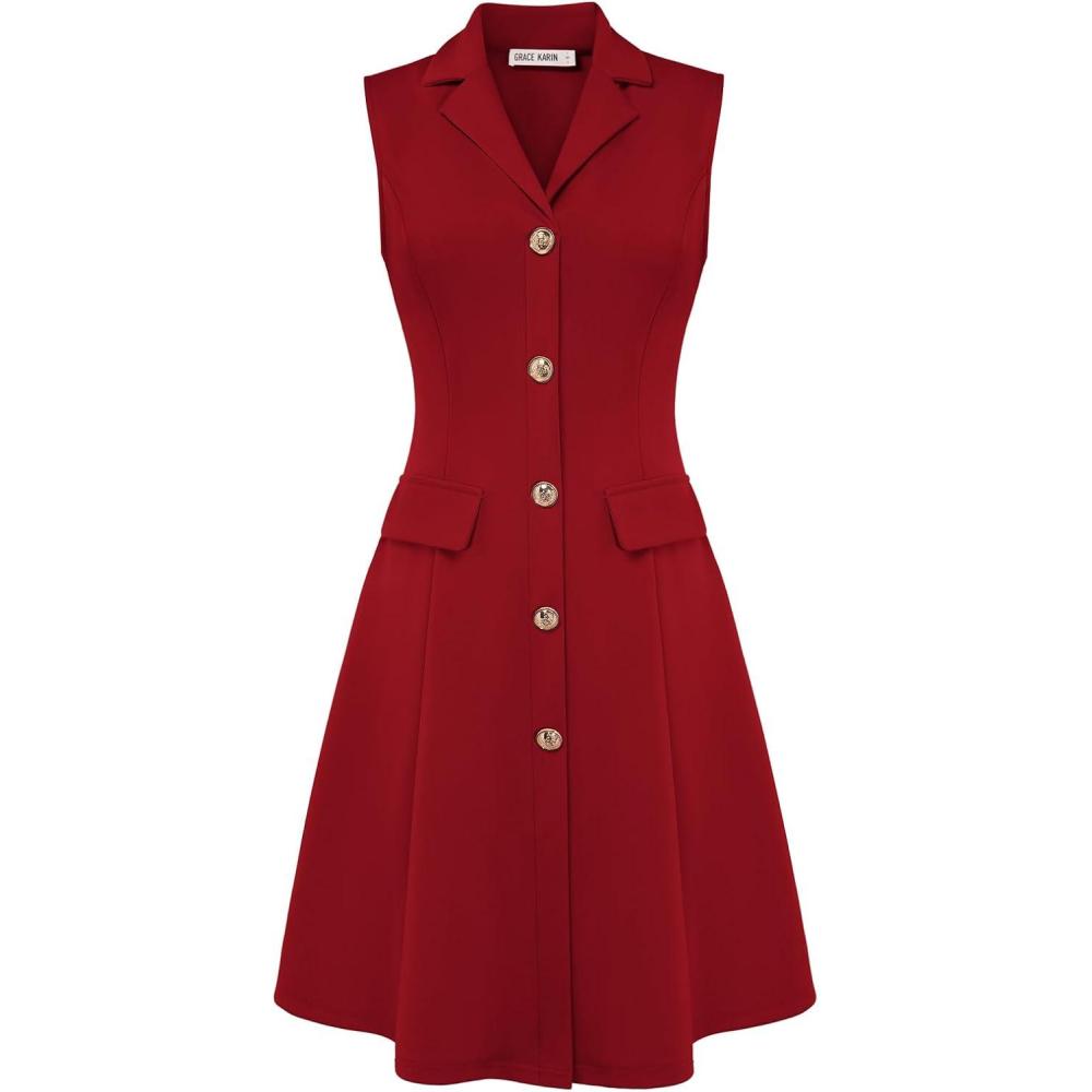 imageGRACE KARIN Work Dresses for Women 2026 Sleeveless Button Business Midi Dress Notch Lapel V Neck Formal Office A Line DressesRed