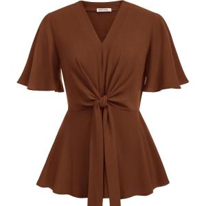 GRACE KARIN 2026 Women’s Elegant V Neck Peplum Tops Tie Front Short Bell Sleeve Shirts Tops Blouse(Brown)