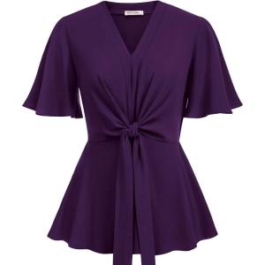 GRACE KARIN 2026 Women’s Elegant V Neck Peplum Tops Tie Front Short Bell Sleeve Shirts Tops Blouse(Dark Purple)