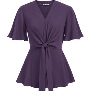 GRACE KARIN 2026 Women’s Elegant V Neck Peplum Tops Tie Front Short Bell Sleeve Shirts Tops Blouse(Purple)