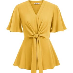 GRACE KARIN 2026 Women’s Elegant V Neck Peplum Tops Tie Front Short Bell Sleeve Shirts Tops Blouse(Yellow)