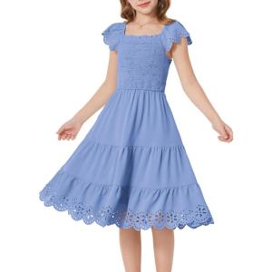 GRACE KARIN Girls Dress Flutter Sleeve A-Line Sundress Summer Casual Party Midi Dresses for 5-12 Years Kids(Blue)