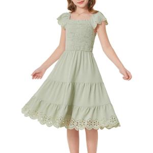 GRACE KARIN Girls Dress Flutter Sleeve A-Line Sundress Summer Casual Party Midi Dresses for 5-12 Years Kids(Green)