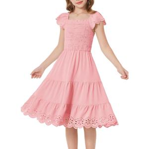 GRACE KARIN Girls Dress Flutter Sleeve A-Line Sundress Summer Casual Party Midi Dresses for 5-12 Years Kids(Pink)