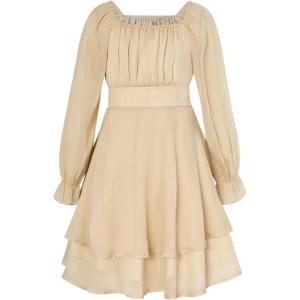 GRACE KARIN Girls Fall Dress Long Sleeve Casual Dresses Square Neck Ruffle Tiered Layer A-line Dress 5-12Y(Apricot)