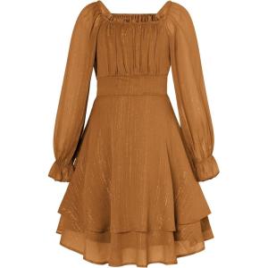 GRACE KARIN Girls Fall Dress Long Sleeve Casual Dresses Square Neck Ruffle Tiered Layer A-line Dress 5-12Y(Brown)