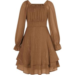 GRACE KARIN Girls Fall Dress Long Sleeve Casual Dresses Square Neck Ruffle Tiered Layer A-line Dress 5-12Y(Burnt Orange)