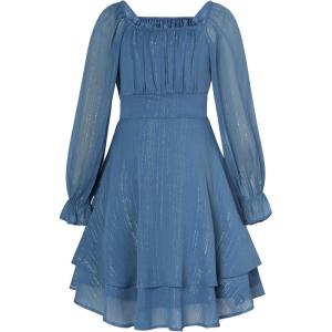 GRACE KARIN Girls Fall Dress Long Sleeve Casual Dresses Square Neck Ruffle Tiered Layer A-line Dress 5-12Y(Deep Blue)