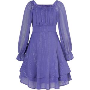 GRACE KARIN Girls Fall Dress Long Sleeve Casual Dresses Square Neck Ruffle Tiered Layer A-line Dress 5-12Y(Deep Purple)