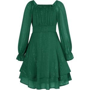 GRACE KARIN Girls Fall Dress Long Sleeve Casual Dresses Square Neck Ruffle Tiered Layer A-line Dress 5-12Y(Green)