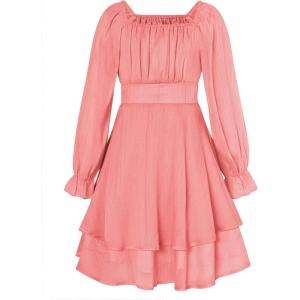 GRACE KARIN Girls Fall Dress Long Sleeve Casual Dresses Square Neck Ruffle Tiered Layer A-line Dress 5-12Y(Muted Pink)