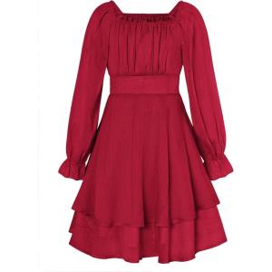 GRACE KARIN Girls Fall Dress Long Sleeve Casual Dresses Square Neck Ruffle Tiered Layer A-line Dress 5-12Y(Red)