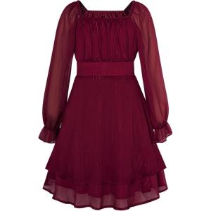 GRACE KARIN Girls Fall Dress Long Sleeve Casual Dresses Square Neck Ruffle Tiered Layer A-line Dress 5-12Y(Wine Red)