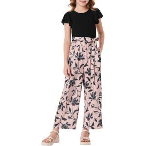 GRACE KARIN Girls Floral Jumpsuit Kids Flutter Sleeve Belted Wide Leg Romper One Piece Summer Outfits(Black)