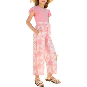 GRACE KARIN Girls Floral Jumpsuit Kids Flutter Sleeve Belted Wide Leg Romper One Piece Summer Outfits(Pink)
