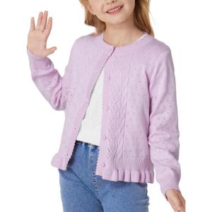 GRACE KARIN Girls Long Sleeve Cardigan Sweater Girls Button Closure Knitted Cable Cardigan 5-12Y(Light Purple)