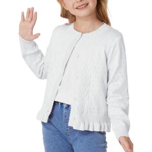 GRACE KARIN Girls Long Sleeve Cardigan Sweater Girls Button Closure Knitted Cable Cardigan 5-12Y(Snow-white)