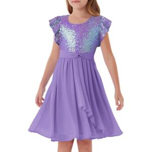 GRACE KARIN Girls Sequin Dress Party Birthday Prom Formal Fancy Midi Dress 5-12 Years(Deep Purple)