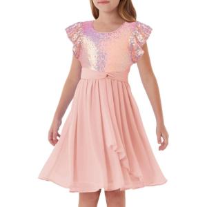 GRACE KARIN Girls Sequin Dress Party Birthday Prom Formal Fancy Midi Dress 5-12 Years(Light Pink)
