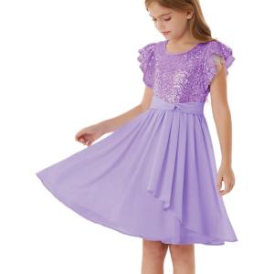 GRACE KARIN Girls Sequin Dress Party Birthday Prom Formal Fancy Midi Dress 5-12 Years(Purple)
