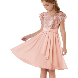GRACE KARIN Girls Sequin Dress Party Birthday Prom Formal Fancy Midi Dress 5-12 Years(Rose Gold)