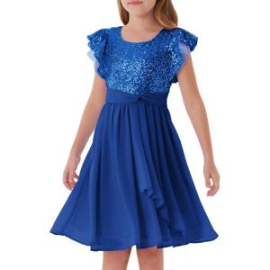 GRACE KARIN Girls Sequin Dress Party Birthday Prom Formal Fancy Midi Dress 5-12 Years(Royal Blue)
