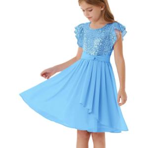 GRACE KARIN Girls Sequin Dress Party Birthday Prom Formal Fancy Midi Dress 5-12 Years(Sky Blue)