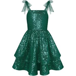 GRACE KARIN Gold Girls Sequin Dress Sparkly Girl Fancy Daughter Dance Mini Dresses Kids Birthday Wedding Formal Party(Christmas Green)