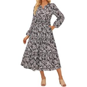 GRACE KARIN Long Sleeve Dress for Women 2026 Spring Wedding Guest Dress Floral Boho A Line Flowy Maxi Dresses with Pockets(Black Floral)