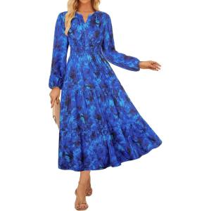 GRACE KARIN Long Sleeve Dress for Women 2026 Spring Wedding Guest Dress Floral Boho A Line Flowy Maxi Dresses with Pockets(Royalblue Floral)