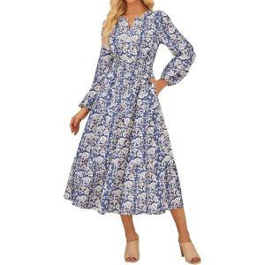 GRACE KARIN Long Sleeve Dress for Women 2026 Spring Wedding Guest Dress Floral Boho A Line Flowy Maxi Dresses with Pockets(White Blue Floral)