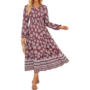 GRACE KARIN Long Sleeve Dress for Women 2026 Spring Wedding Guest Dress Floral Boho A Line Flowy Maxi Dresses with Pockets(Wine Red)