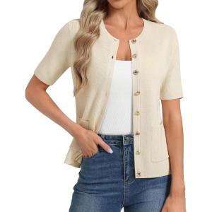 GRACE KARIN Short Sleeve Cardigans for Women, Lightweight Spring Cardigans 2026, Button Up Sweaters with Pockets(Apricot White)