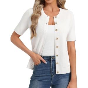 GRACE KARIN Short Sleeve Cardigans for Women, Lightweight Spring Cardigans 2026, Button Up Sweaters with Pockets(White)
