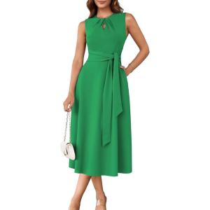 GRACE KARIN Women 2026 Summer Work Dress Sleeveless Tie Waist Elegant Party Cocktail A Line Flowy Midi Dresses with Pockets(Green)