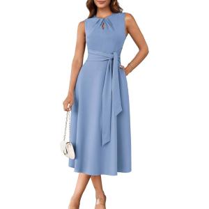 GRACE KARIN Women 2026 Summer Work Dress Sleeveless Tie Waist Elegant Party Cocktail A Line Flowy Midi Dresses with Pockets(Grey Blue)