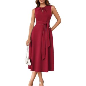 GRACE KARIN Women 2026 Summer Work Dress Sleeveless Tie Waist Elegant Party Cocktail A Line Flowy Midi Dresses with Pockets(Red)