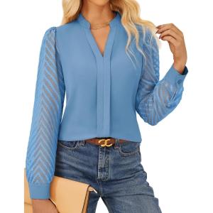 GRACE KARIN Women Business Casual Tops Sheer Lace Long Sleeve Blouses Work Office Pleated V Neck Shirt Fall Formal Outfits(Haze Blue)