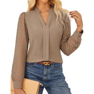 GRACE KARIN Women Business Casual Tops Sheer Lace Long Sleeve Blouses Work Office Pleated V Neck Shirt Fall Formal Outfits(Khaki)