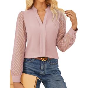 GRACE KARIN Women Business Casual Tops Sheer Lace Long Sleeve Blouses Work Office Pleated V Neck Shirt Fall Formal Outfits(Pink)