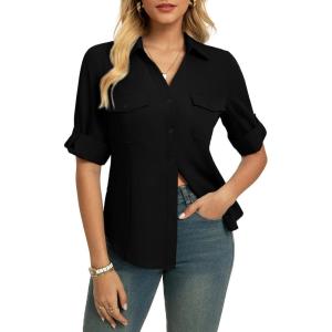 GRACE KARIN Women Button Down Business Shirts, Spring Trendy Collared V Neck 3/4 Sleeve Tops, Wrinkle Free Dressy Work Blouse(Black)