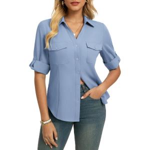 GRACE KARIN Women Button Down Business Shirts, Spring Trendy Collared V Neck 3/4 Sleeve Tops, Wrinkle Free Dressy Work Blouse(Light Blue)