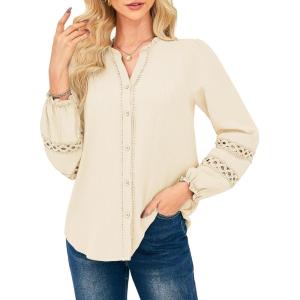 GRACE KARIN Women Dressy Casual Tops,Long Sleeve Button Down Ruffle Blouse,Work V Neck Shirt Summer Spring Business Outfit(Beige)