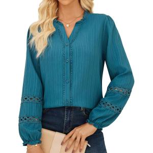GRACE KARIN Women Dressy Casual Tops,Long Sleeve Button Down Ruffle Blouse,Work V Neck Shirt Summer Spring Business Outfit(Blue-green)